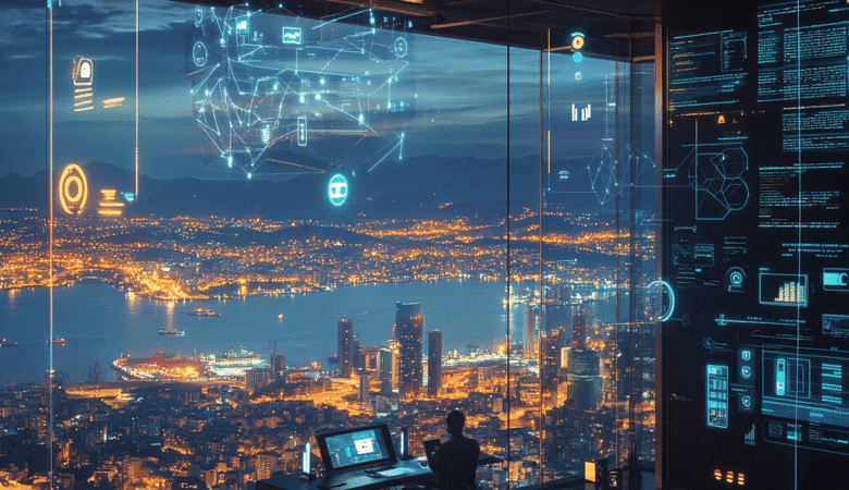 Gece şehir manzarası ve kod ekranları